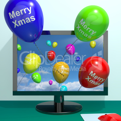 Colorful Balloons With Merry Xmas From Computer Screen For Onlin