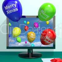 Colorful Balloons With Merry Xmas From Computer Screen For Onlin