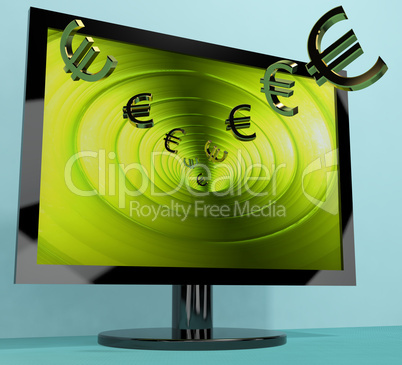 Euro Symbols From Computer Screen Showing Money Investments And