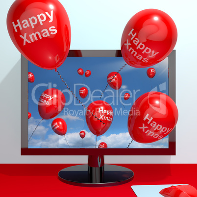 Red Balloons With Happy Xmas From Computer Screen For Online Gre