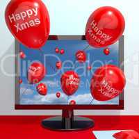 Red Balloons With Happy Xmas From Computer Screen For Online Gre