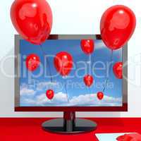 Festive Red Balloons In The Sky And Coming Out Of Screen For Onl
