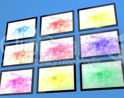 Nine TV Monitors Wall Mounted In Different Colors Representing H