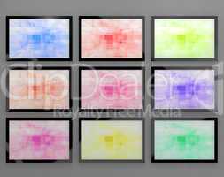 TV Monitors Wall Mounted In Different Colors Representing High D