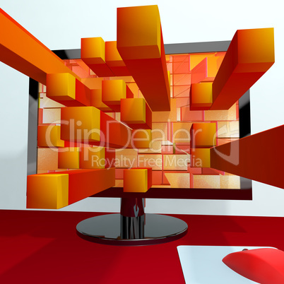 Three Dimensional Orange Squares On Computer Monitor Shows 3d Gr