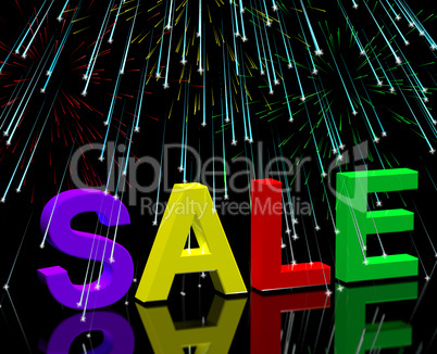 Sale Word And Fireworks Showing Promotion Discount And Reduction
