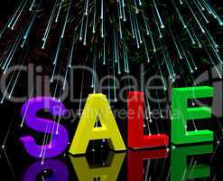 Sale Word And Fireworks Showing Promotion Discount And Reduction