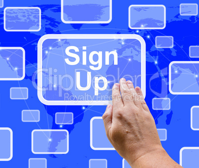 Sign Up Button On Blue Showing Subscription And Registration