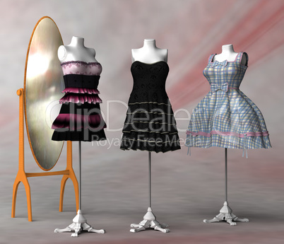 Spiegel und drei Kleiderständer mit verschiedenen Kleidern
