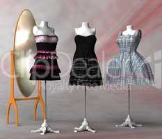 Spiegel und drei Kleiderständer mit verschiedenen Kleidern