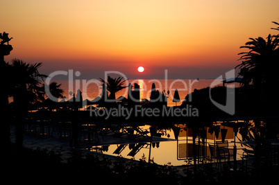 Sunset at beach of the luxury hotel, Halkidiki, Greece