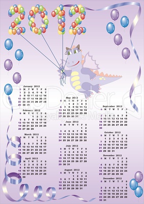 calendar 2012  with cartoon dragon and balloons