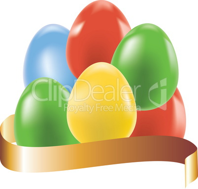 Colored eggs with gold ribbon, easter background