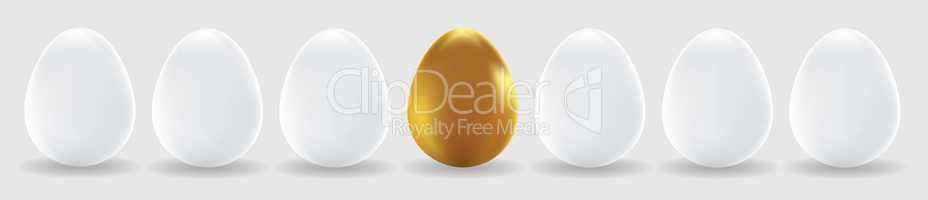 One gold egg and white easter eggs