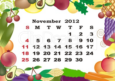 November - monthly calendar 2012 in colorful frame