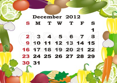December - monthly calendar 2012 in colorful frame