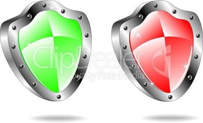 Glossy shield emblem icons in red and green colors