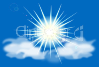 Vector sun on blue sky with lenses flare