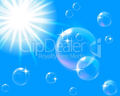 sun in blue sky with bubbles,