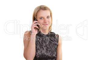 Junge moderne Geschäfstfrau mit einem Smartphone telefonierend vor weißem Hintergrund