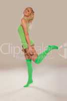 Bright green long stockings on a pretty girl