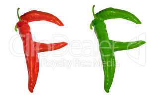Letter F composed of green and red chili peppers