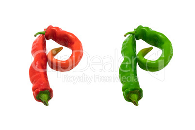 Letter P composed of green and red chili peppers