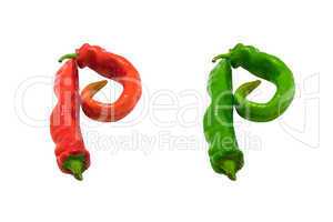 Letter P composed of green and red chili peppers