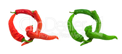 Letter Q composed of green and red chili peppers