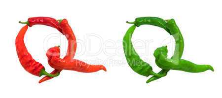 Letter Q composed of green and red chili peppers