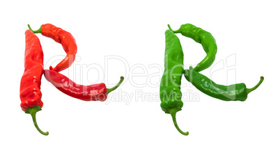 Letter R composed of green and red chili peppers