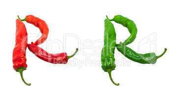 Letter R composed of green and red chili peppers