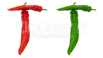 Letter T composed of green and red chili peppers