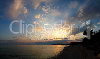 Sunset at beach of the luxury hotel, Thassos island, Greece