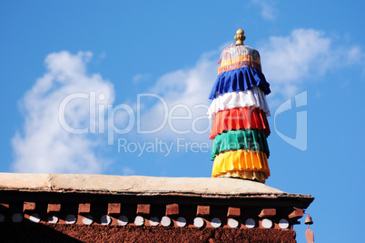 Colorful prayer flags on the roof