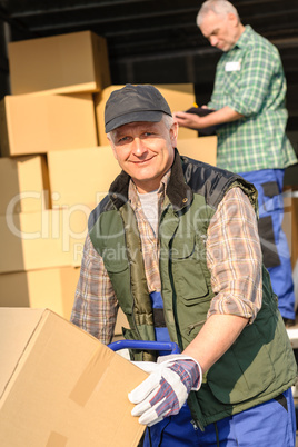 Delivery service mover man cardboard box