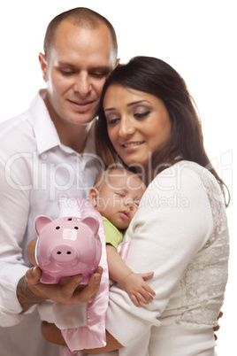 Young Mixed Race Parents with Baby Holding Piggy Bank