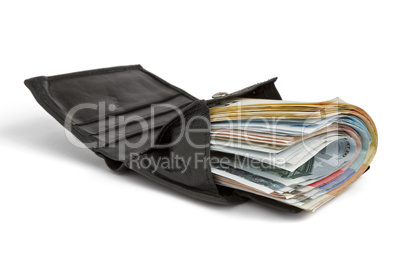 many banknotes in black wallet