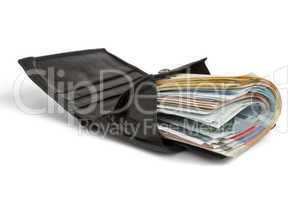 many banknotes in black wallet