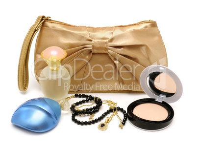 Handbag, perfume, powder, necklace
