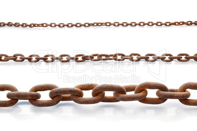 rusty old steel chain in any different size on white background