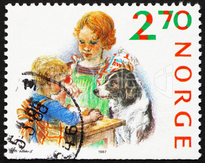 Postage stamp Norway 1987 Children Baking Ginger-snaps, Christma
