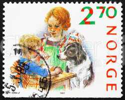 Postage stamp Norway 1987 Children Baking Ginger-snaps, Christma