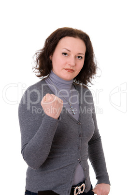 woman in the gray cardigan