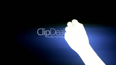 Count from one to five,hand sign silhouette and rays lights,tech computer background.