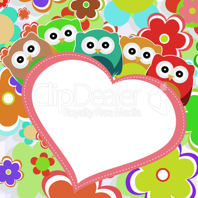 owls, flowers and valentines heart in frame. vector