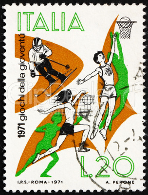 Postage stamp Italy 1971 shows Skiing, Basketball, Volleyball, Y