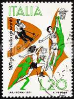 Postage stamp Italy 1971 shows Skiing, Basketball, Volleyball, Y