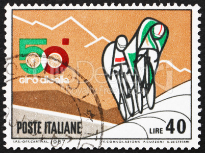 Postage stamp Italy 1967 shows Bicyclists and Mountains
