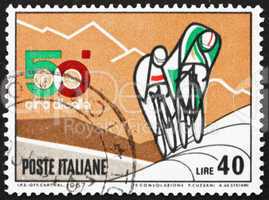 Postage stamp Italy 1967 shows Bicyclists and Mountains